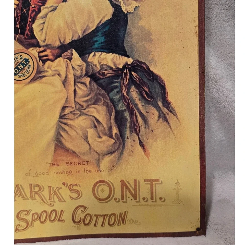 Vintage Clark's O.N.T. Spool Cotton Advertising Tin Sign Two Girls Whispering‎